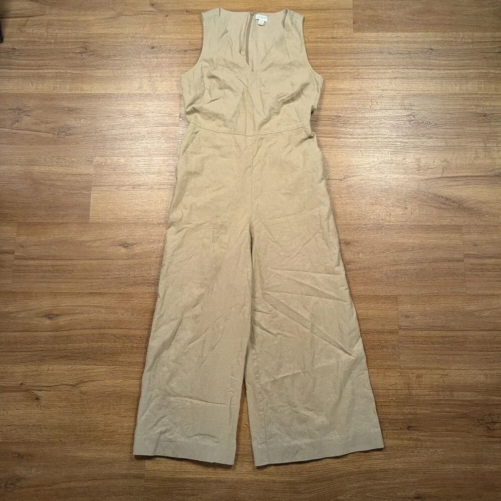 J. Crew V NEck Jumpsuit Women Size 4 Beige Linen Blend Wide Leg Cottagecore